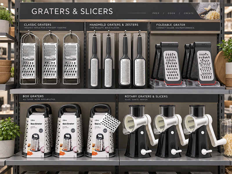 l-tools graters and slicers packaging display featuring kitchen cutting tools for retail presentation.