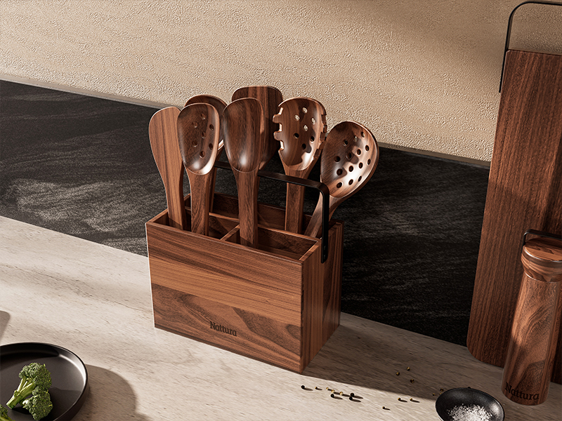 L-TOOLS kitchen utensil set with wooden spoons and cooking accessories for food preparation.