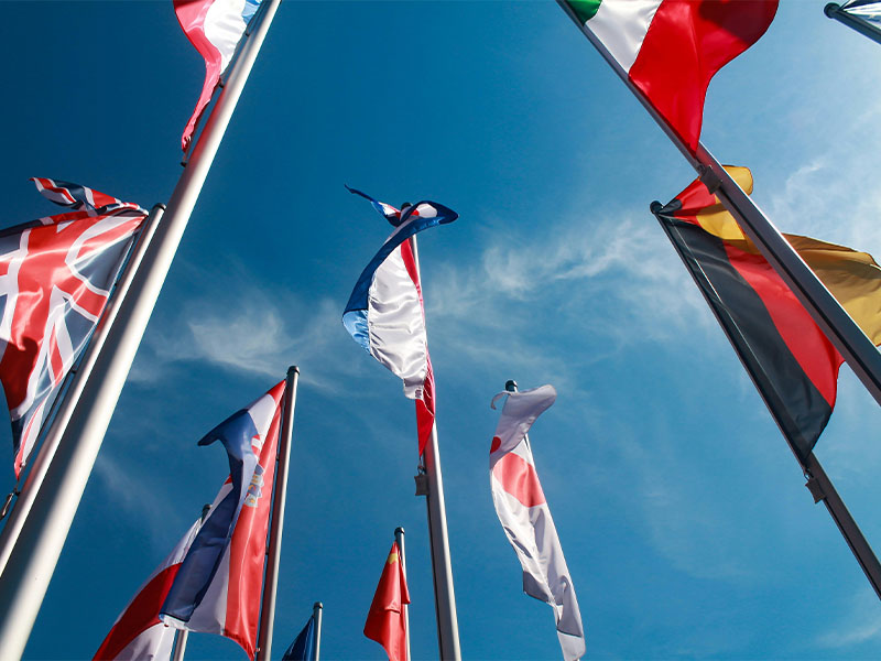 L-TOOLS close-up of multiple national flags waving outdoors, representing international collaboration.