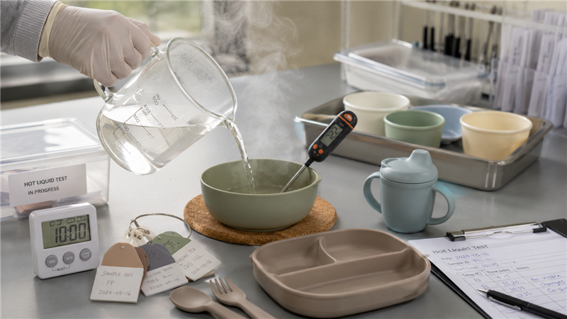 Anonymous children’s tableware sample undergoing a controlled hot-liquid test on a product-development workbench.