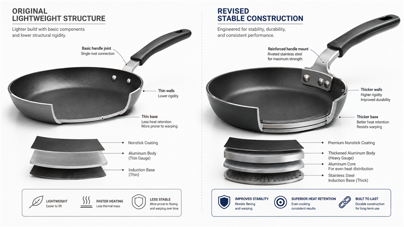Technical comparison of the original lightweight pan structure and the revised, more stable construction.