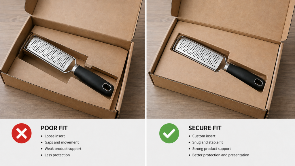 The same kitchen tool shown in poorly fitted packaging and in a secure retail-ready insert.]