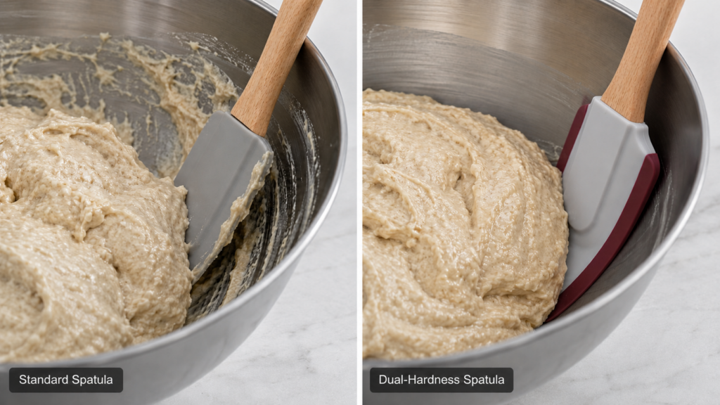 Close-up comparison of a standard spatula and the dual-hardness spatula scraping thick batter from the same curved bowl.