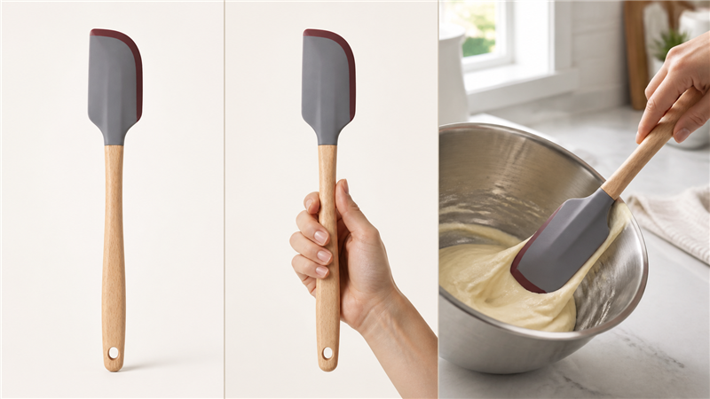 Product-page layout combining a clean product image, an in-hand scale image and a real-use kitchen scene.