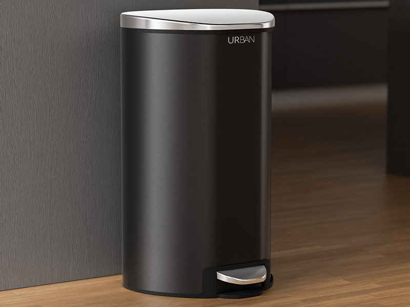 L-TOOLS modern black trash bin with sleek design, highlighting clean and functional kitchen solutions.
