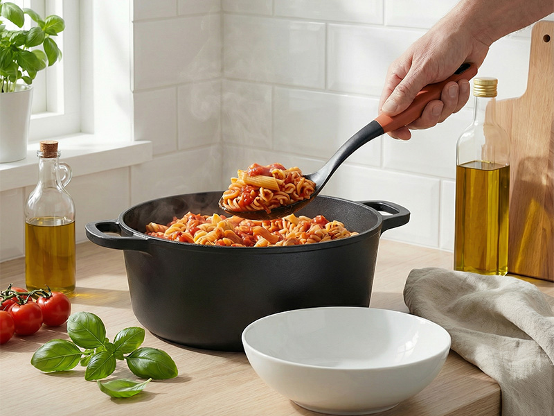 L-TOOLS chef stirring a colorful dish in a black pan, highlighting culinary expertise.