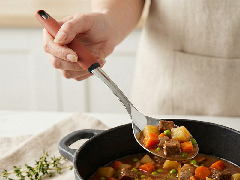 L-TOOLS hand cooking a salmon fillet in a frying pan with a silicone spatula, emphasizing precise cooking.