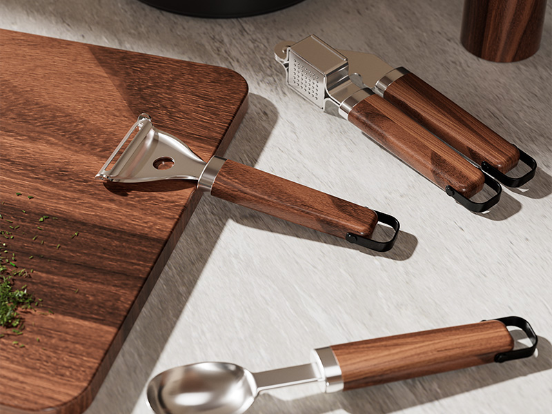 L-TOOLS set of wooden peelers and knives arranged for display, demonstrating premium kitchen tools.