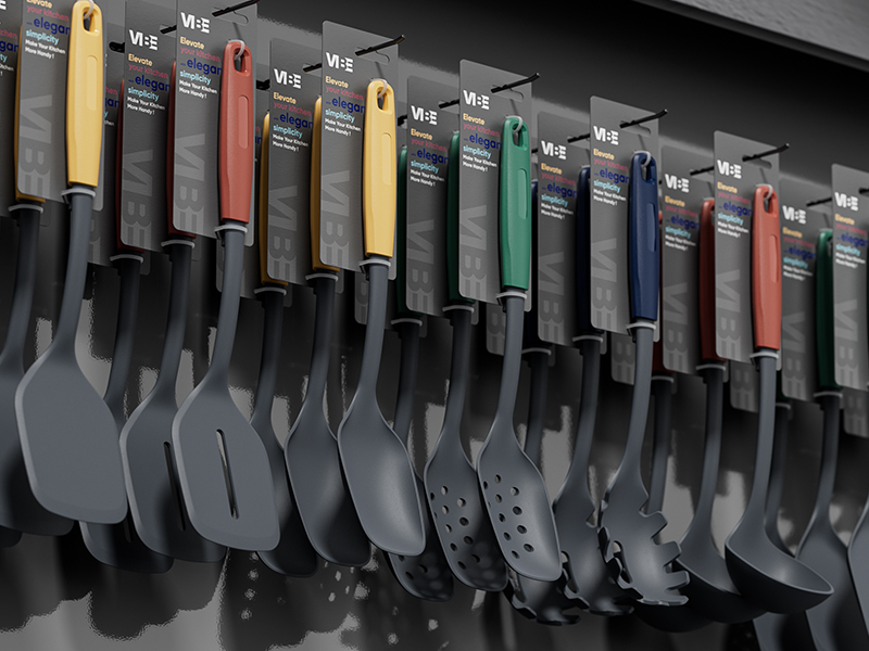 L-TOOLS nylon kitchen utensils with retail packaging for cooking and food preparation.