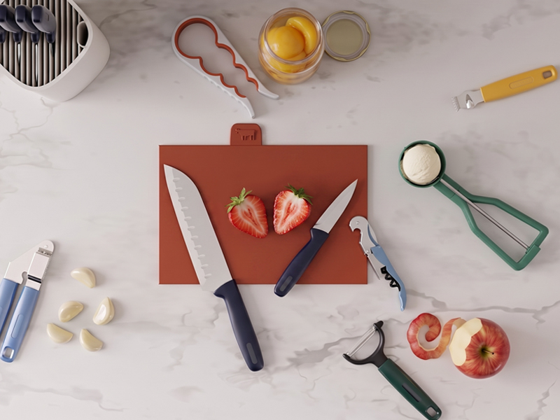 L-TOOLS colorful kitchen tools set including peelers, scissors, and food preparation accessories.
