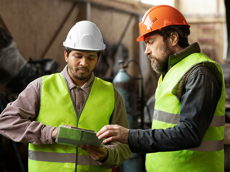 L-TOOLS engineers discussing workflow on-site, representing collaboration in industrial operations.