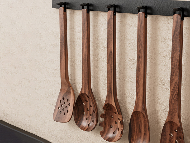 L-TOOLS wooden kitchen tools including spoons and utensils for everyday cooking use.