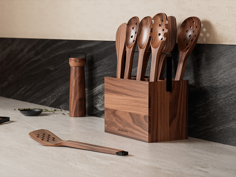 L-TOOLS wooden knife block set with stainless steel kitchen knives for safe and organized storage.