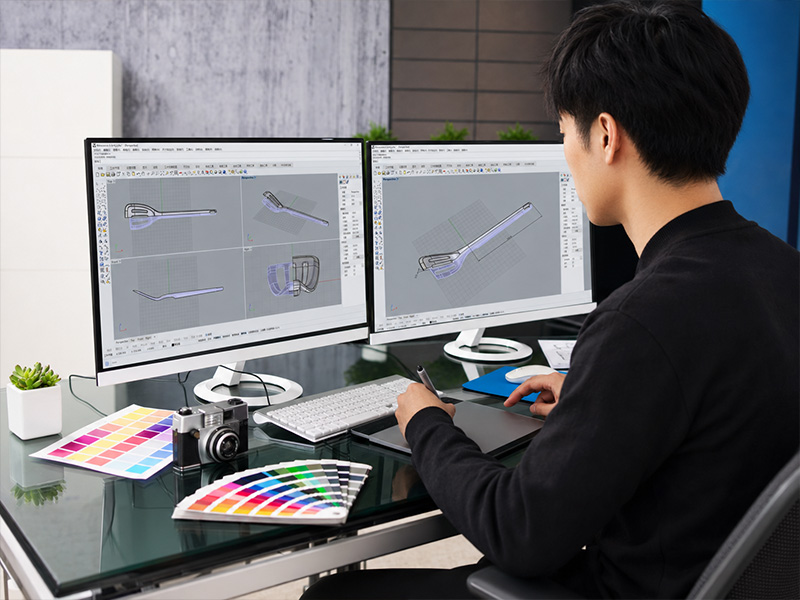 L-TOOLS engineers working on product design drawings and 3D modeling for kitchenware development.