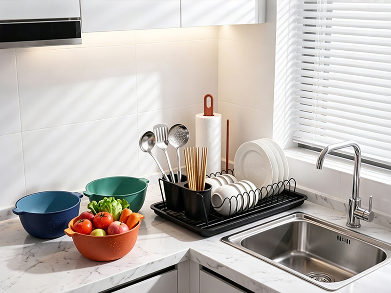 L-TOOLS sink cleaning tools and countertop organization products for modern kitchen spaces.