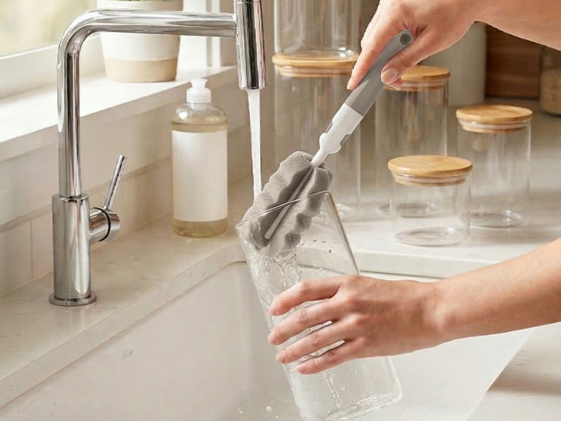 L-TOOLS hand washing a container with a brush, demonstrating hygienic and easy-to-clean kitchen storage.