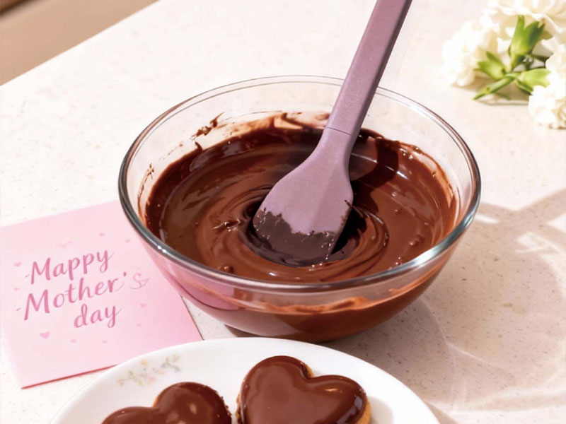L-TOOLS chocolate being stirred in a bowl with a spatula, showcasing dessert preparation.