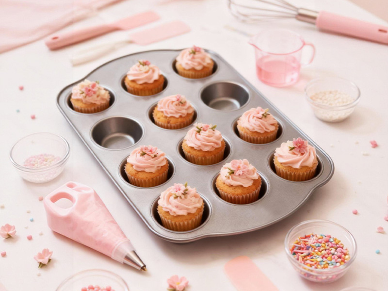 L-TOOLS mini cupcake tray with freshly baked cupcakes, emphasizing baking process and presentation.