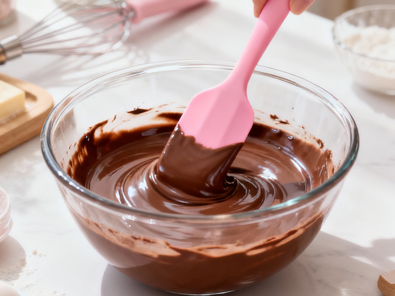 L-TOOLS mixing bowl with melted chocolate and silicone spatula, demonstrating dessert preparation.