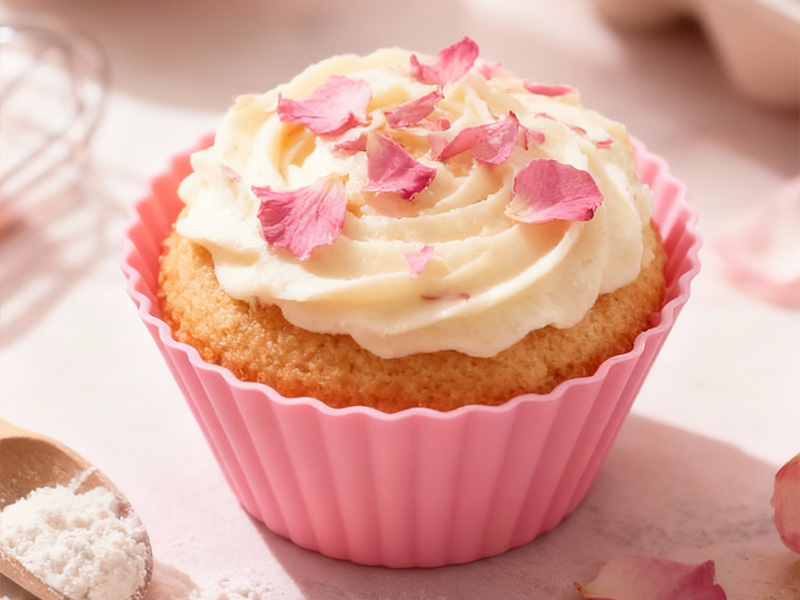 L-TOOLS decorated cupcake with frosting and edible petals, highlighting creative home baking.