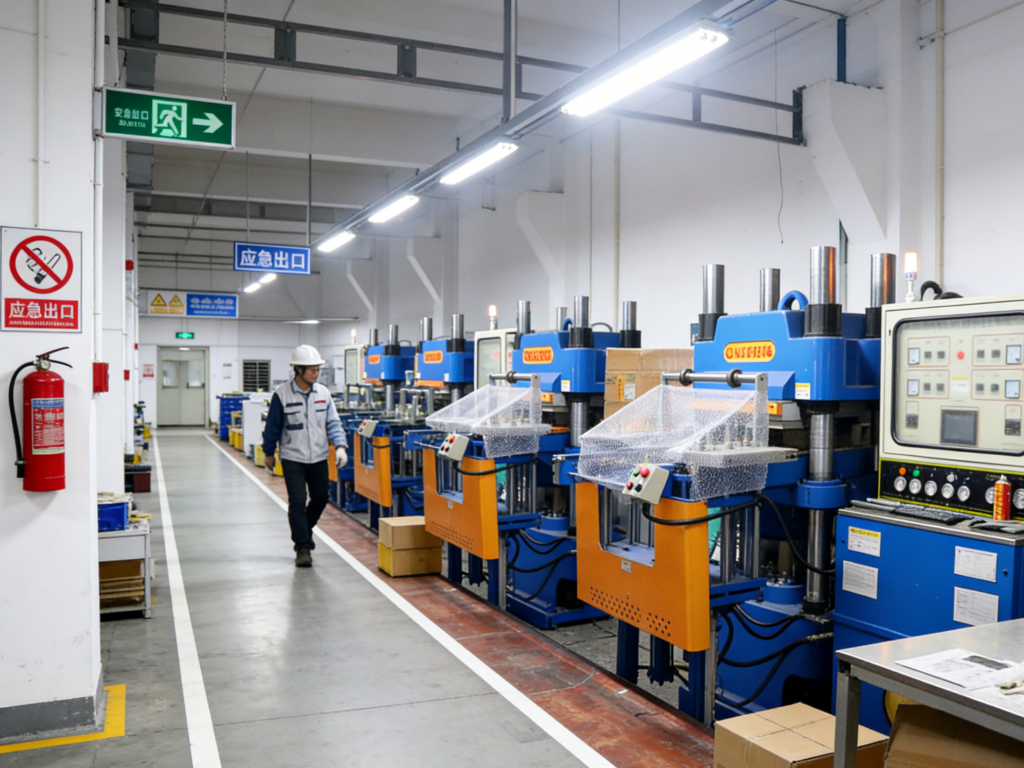 L-TOOLS modern factory interior with production lines and machinery, highlighting manufacturing efficiency.