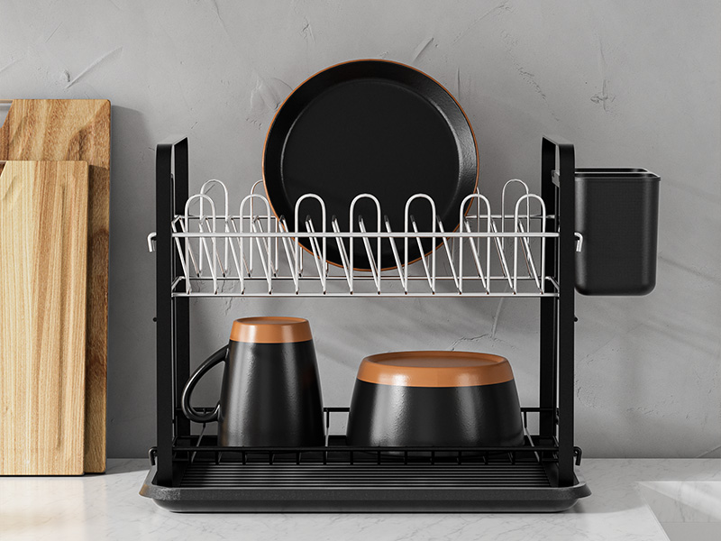 L-TOOLS dish drying rack with plates and bowls neatly organized, showcasing efficient kitchen organization.