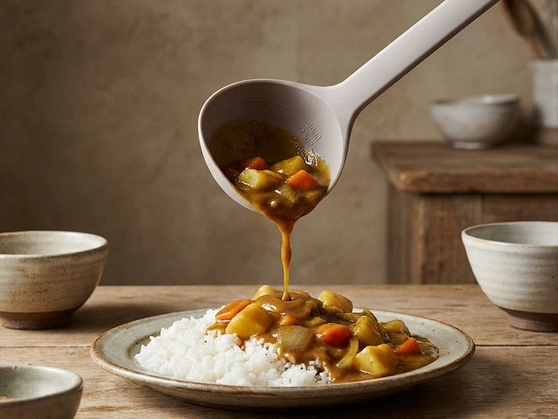 L-TOOLS ladle serving curry or soup over rice in a white bowl, showcasing practical kitchenware use.
