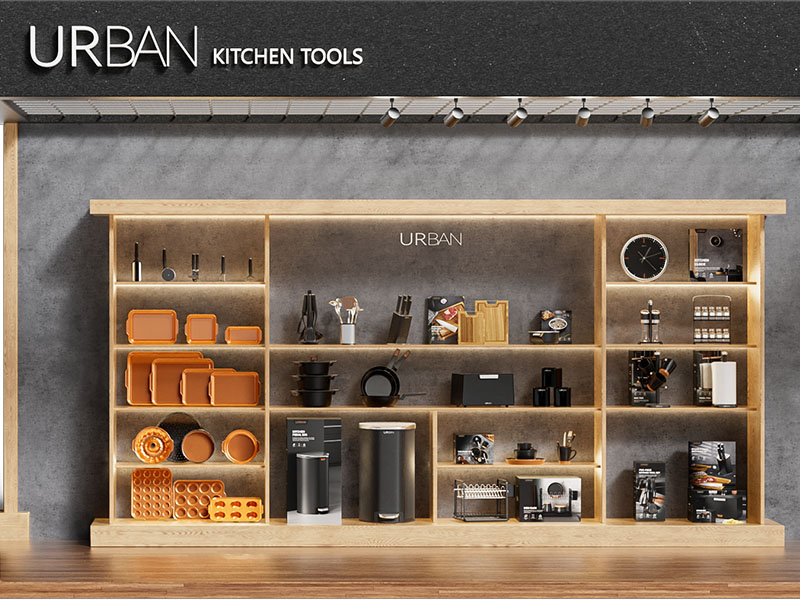 L-TOOLS premium wooden kitchen storage cabinet with organized cookware display.