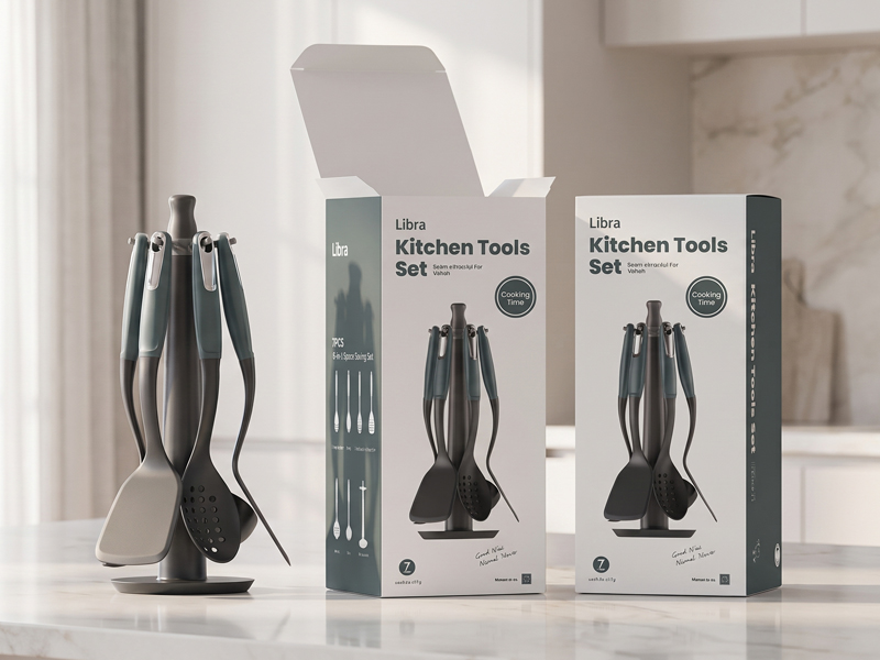 L-TOOLS kitchen utensil retail packaging display featuring boxed cooking tools for product presentation.