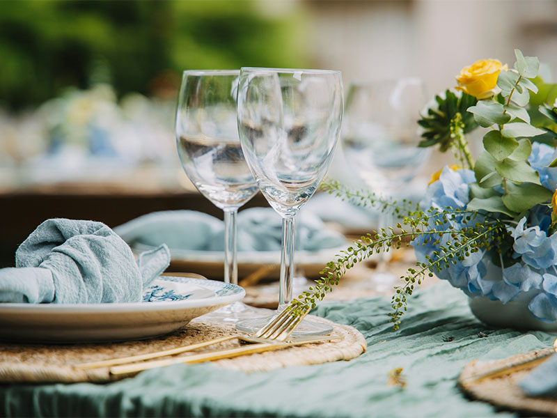 L-TOOLS long garden table set with plates, flowers, and decorative items, perfect for outdoor gatherings.